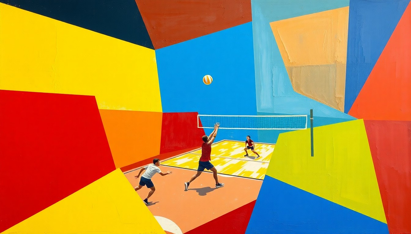 A cubist, geometric painting depicting a fragmented volleyball game, with sharp planes of red, yellow, and blue representing the dynamic action of the sport.