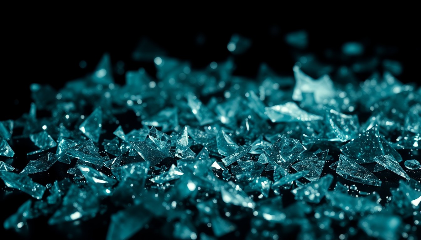 An extreme close-up photograph of shattered glass and glittering shards, captured in dramatic high-contrast studio lighting to evoke the gritty, unsettling tone of a serial killer thriller.