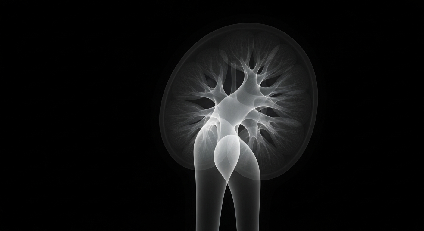 A ghostly, translucent X-ray photograph of a human kidney, revealing its intricate internal structures in a glowing, ethereal way against a dark background, conceptually representing the complex challenges of chronic kidney disease.