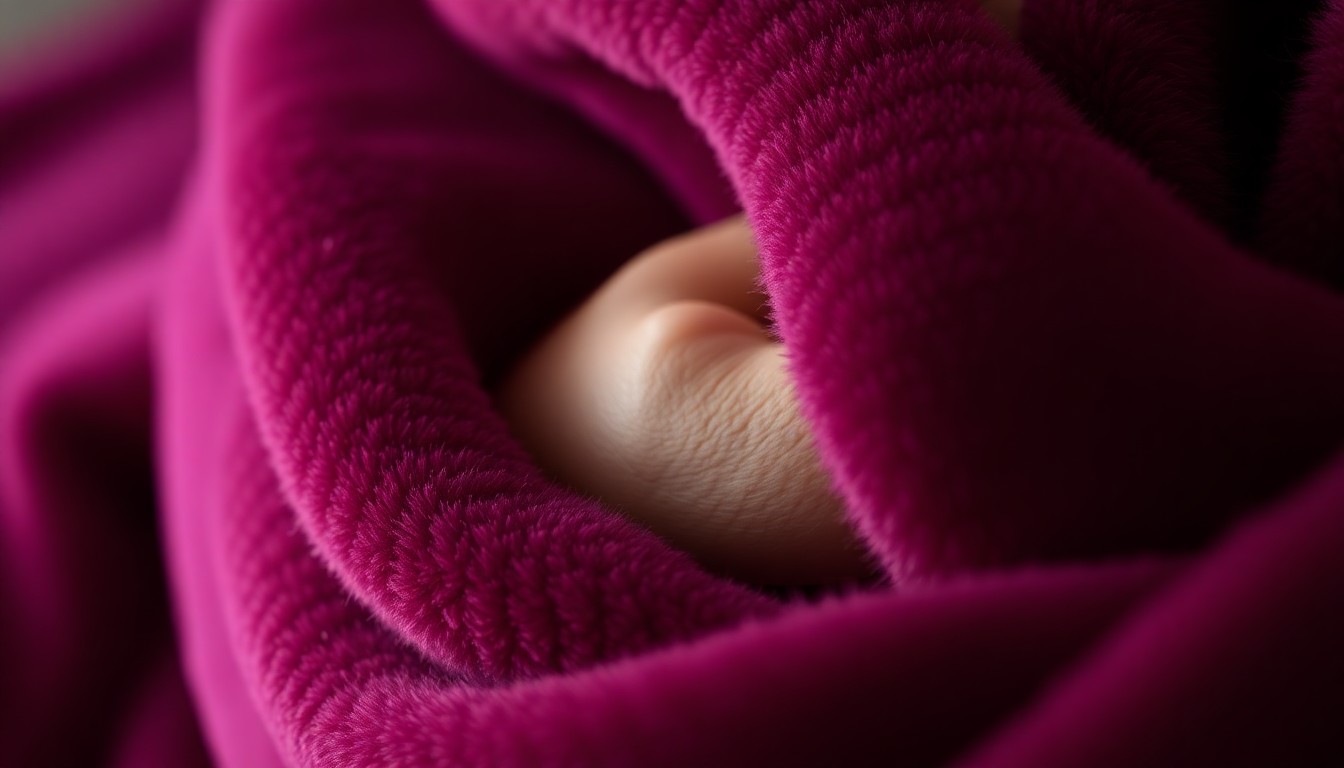 An abstract close-up photograph of a rich, velvety fabric in deep purple and burgundy hues, conveying the intimate and comforting mood of a mother's tender embrace with her child.