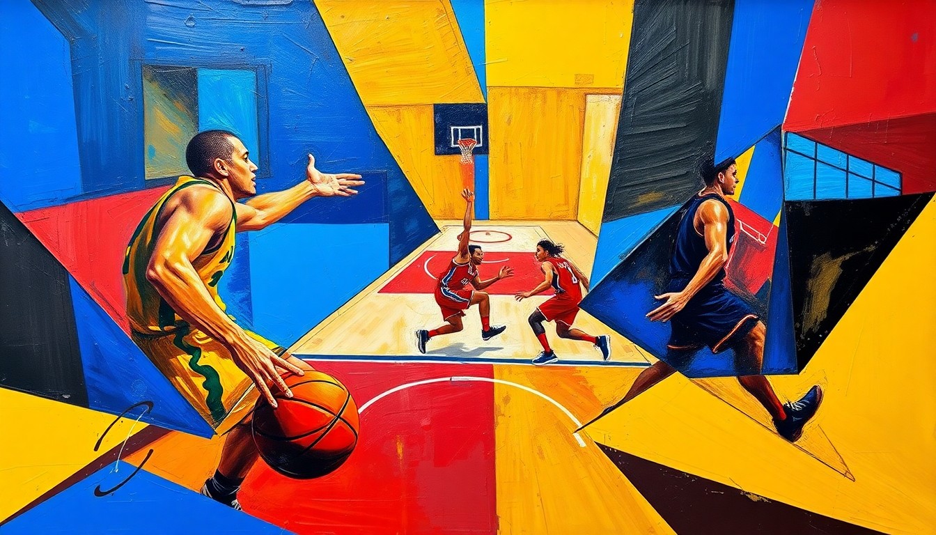 A fractured, cubist-style painting depicting the chaotic energy of a basketball game, with sharp geometric shapes and planes of vibrant colors representing the intense defensive play of the Oklahoma City Thunder.