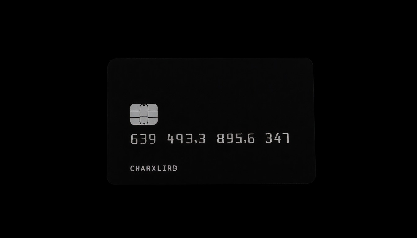 An extreme close-up photograph of a company credit card, the object at the center of an alleged theft case, captured in stark, gritty detail against a pitch-black background.