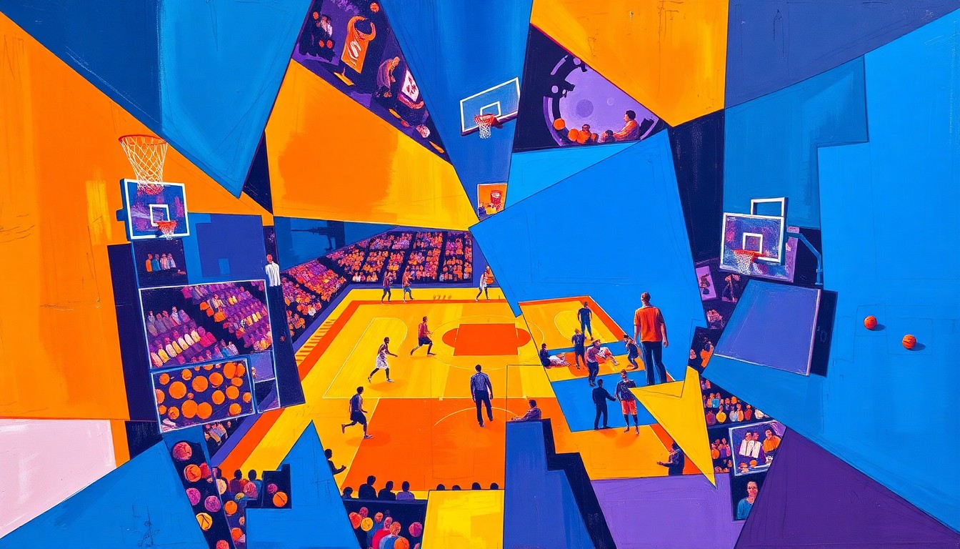 A fragmented, geometric painting in bold colors depicting a basketball game broken down into sharp, overlapping shapes, conveying the dynamic and unpredictable nature of coaching changes in the NBA.