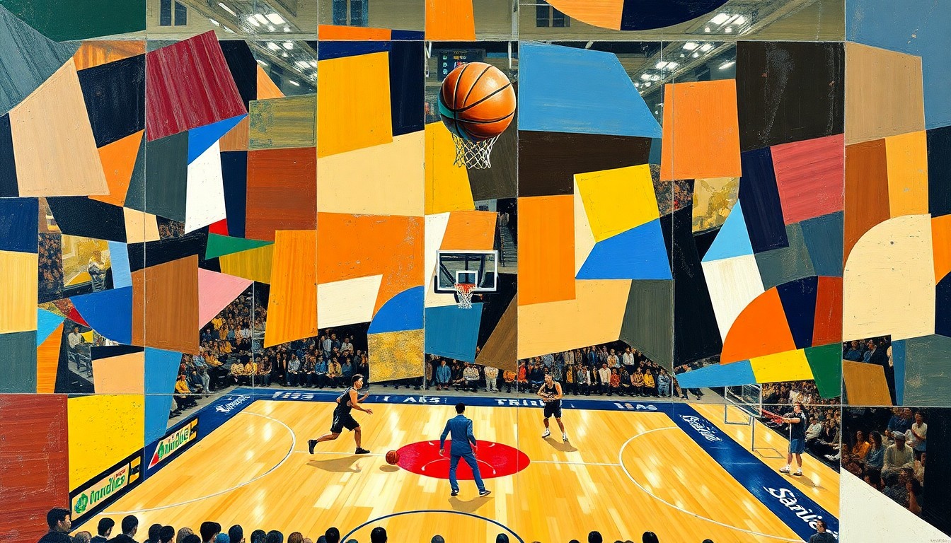 A fragmented, geometric painting depicting the chaotic energy of a basketball game, with players and the court broken down into sharp, overlapping shapes and planes of color.