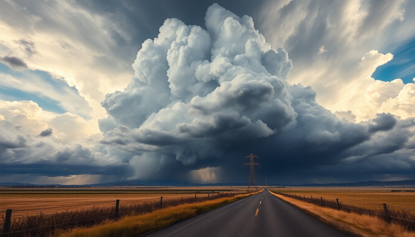 A vast, atmospheric landscape painting in muted earth tones, with a towering thundercloud formation casting dramatic shadows over a rural roadway. The downed power line and burned grass in the foreground are barely visible, dwarfed by the overwhelming scale of the natural scene.