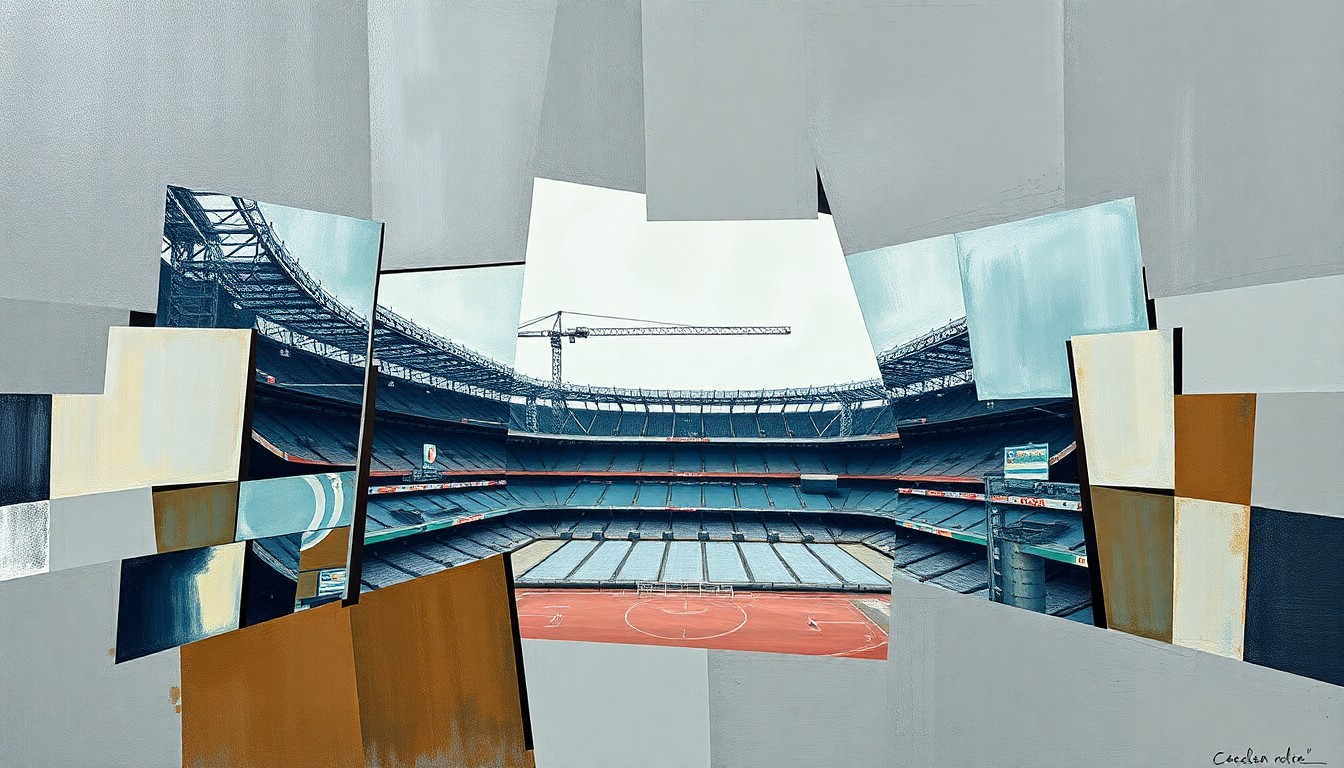 A cubist, geometric painting depicting the fragmented elements of a soccer stadium construction site, with sharp, overlapping planes in muted tones conveying the complex challenges facing the project.