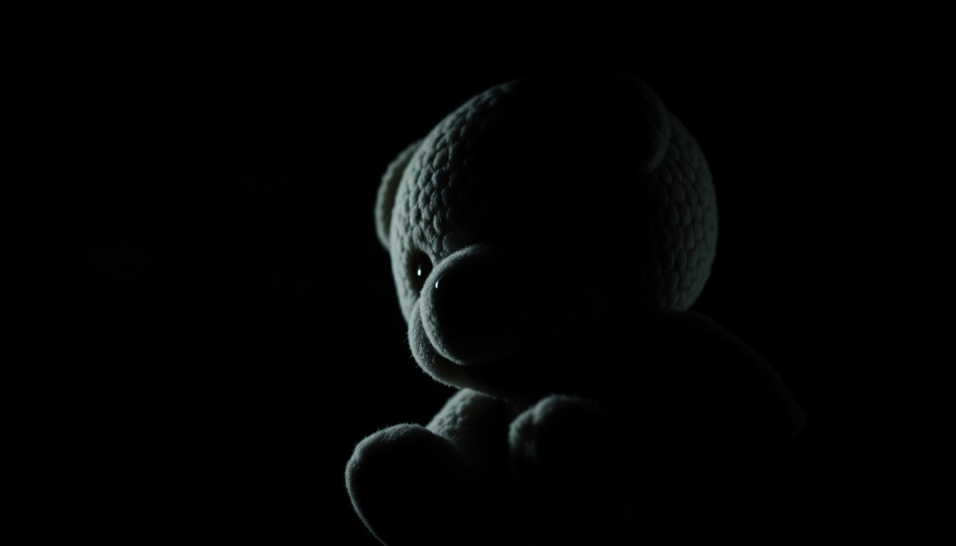 An extreme close-up photograph of a small, worn stuffed animal lit by a harsh, direct camera flash against a pitch-black background, conveying a sense of darkness and the harsh realities of child sexual abuse.