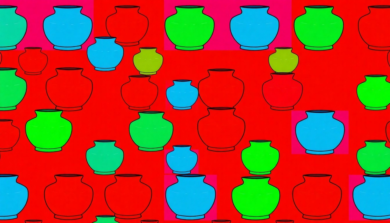 A bold, colorful silkscreen print featuring a repeated pattern of a simple ceramic vase or bowl shape in bright neon hues, conceptually representing the student artwork showcased in the community exhibition.