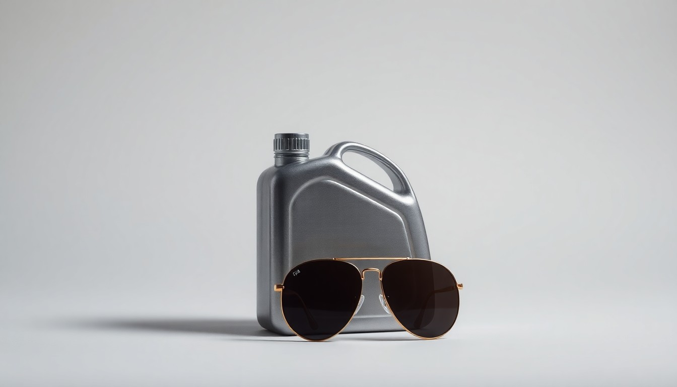 A high-end, photorealistic studio still-life photograph featuring a sleek, polished metal fuel canister and a pair of aviator sunglasses arranged elegantly on a clean, monochromatic seamless background. The objects are lit dramatically with sharp shadows, conceptually representing the aviation industry's struggle with rising fuel prices.