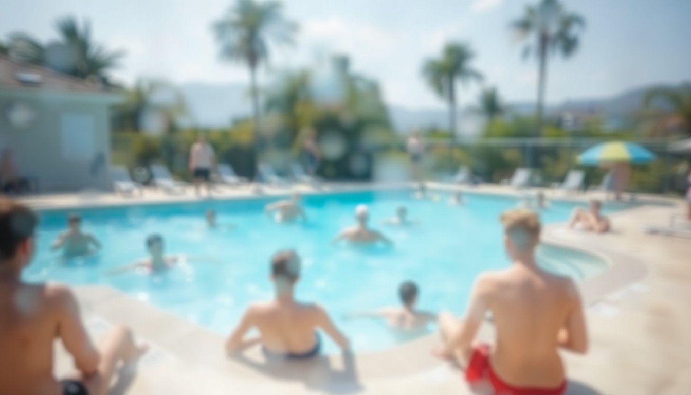 An abstract, impressionistic photograph showing the blurred, hazy outline of people enjoying a community pool on a sunny day, with soft, pastel-colored light and water reflections creating a dreamlike, atmospheric scene.
