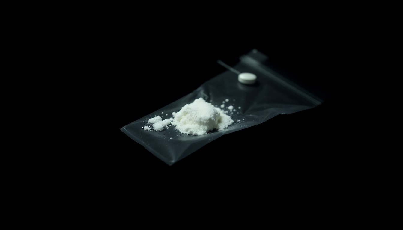 An extreme close-up photograph of a single seized drug item, such as a small bag of white powder or a single pill, lit by a harsh, direct camera flash against a pitch-black background, conceptually illustrating the gritty details of a drug investigation.