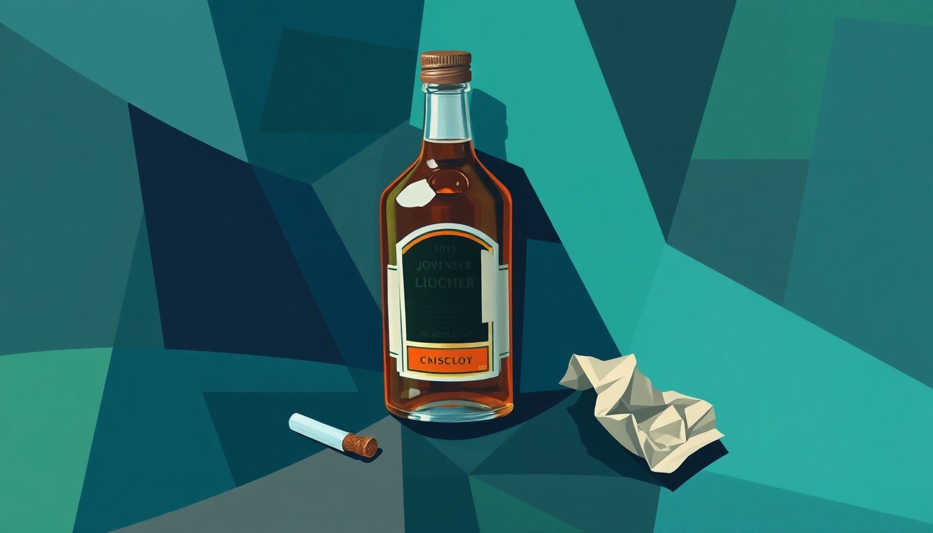 A dynamic, fragmented painting depicting the symbols of urban disorder - a liquor bottle, discarded cigarette, and crumpled trash - rendered in a palette of muted blues, greens, and greys to convey the tensions between small businesses and civic problems.