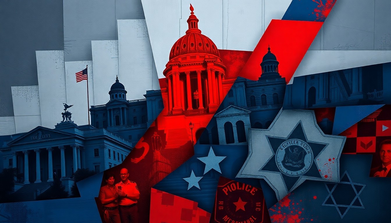 A dynamic, abstract painting featuring overlapping, fragmented shapes and forms in shades of blue, gray, and red, conceptually representing the complex web of relationships and potential conflicts of interest within the FBI and government.