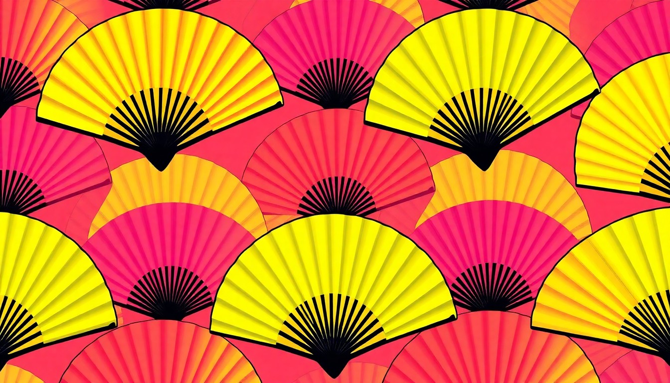 A bold, colorful silkscreen-style illustration featuring a repeating pattern of a traditional Japanese paper fan in neon pink, yellow, and blue hues, capturing the festive and artistic spirit of the annual Cherry Blossom Festival.