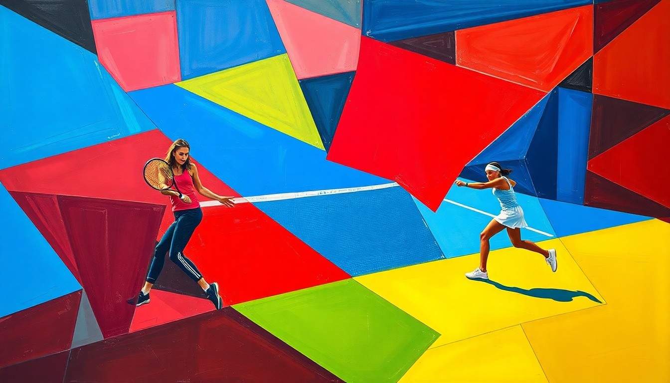 A fragmented, geometric painting in bold primary colors depicting the dynamic action and movement of a tennis match, conveying the competitive energy and skill of the players.