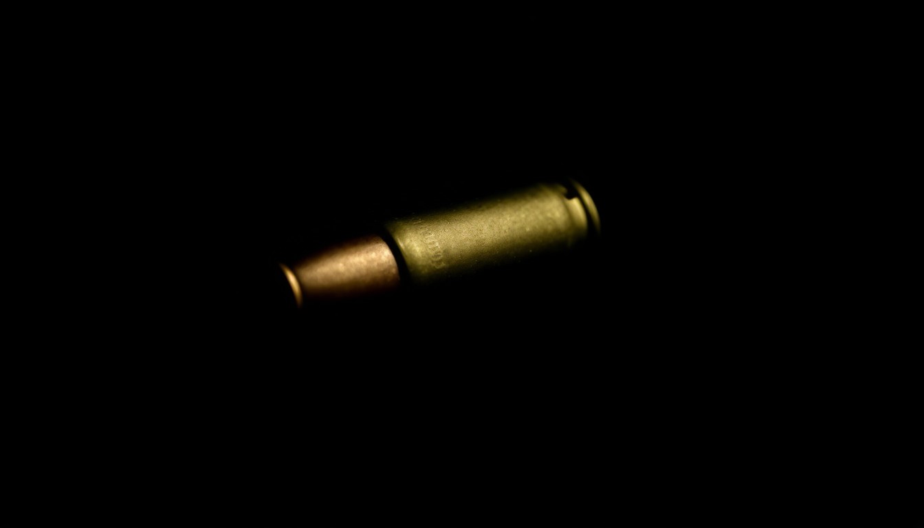 An extreme close-up photograph of a spent bullet casing against a pitch-black background, the metallic texture and dramatic shadows creating a stark, gritty, investigative aesthetic.