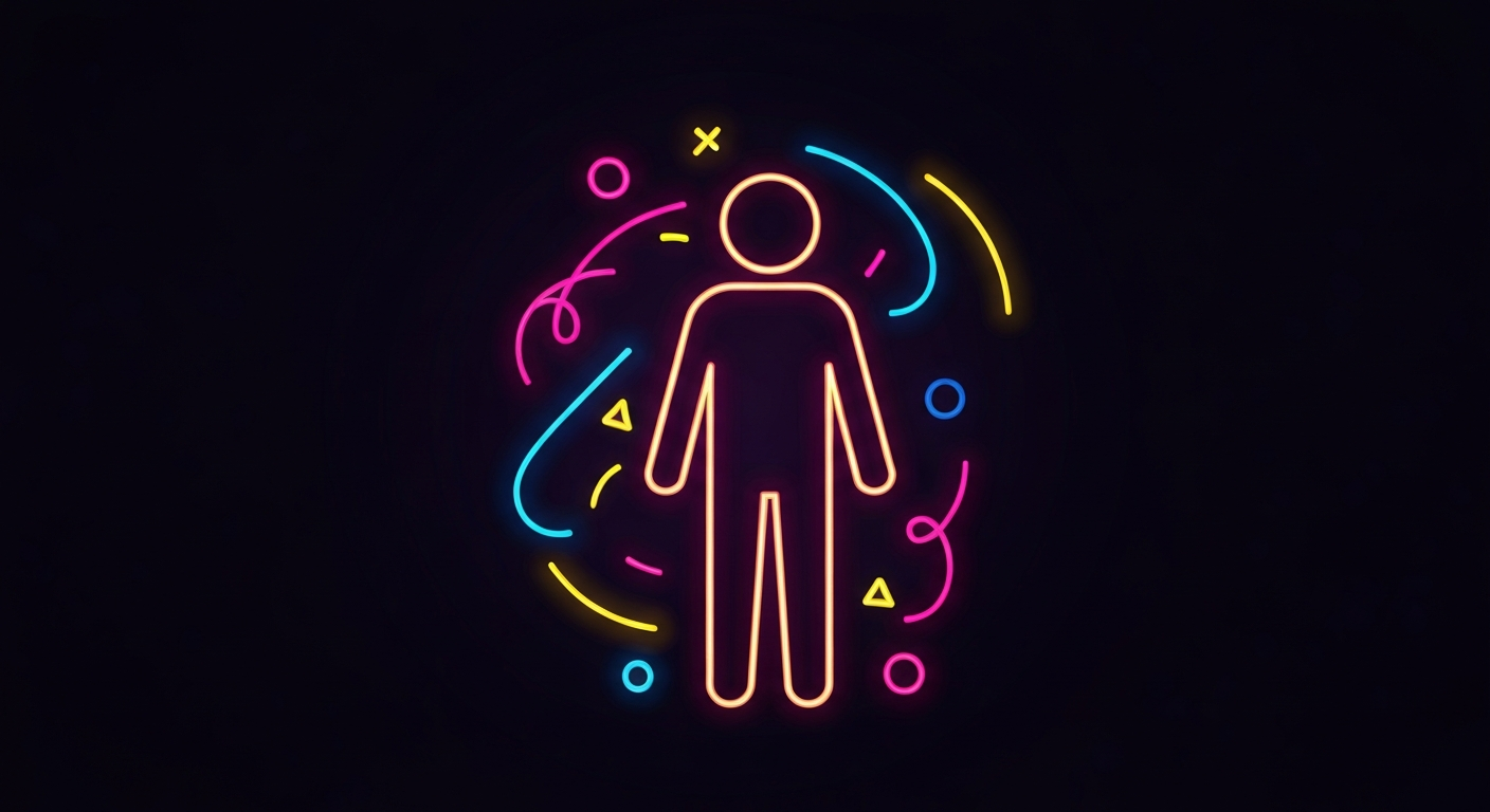 A glowing neon outline of a simple human figure surrounded by abstract neon shapes and lines, conceptually representing the impact of reduced mental health and addiction services in the community.