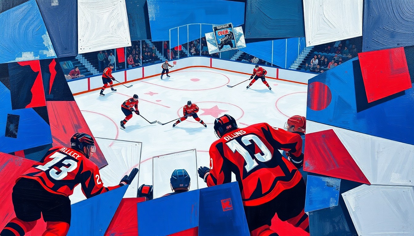 A fractured, geometric painting depicting a hockey game, with players and equipment broken down into sharp, overlapping planes of color, conceptually representing the analytical perspective of a seasoned color commentator.