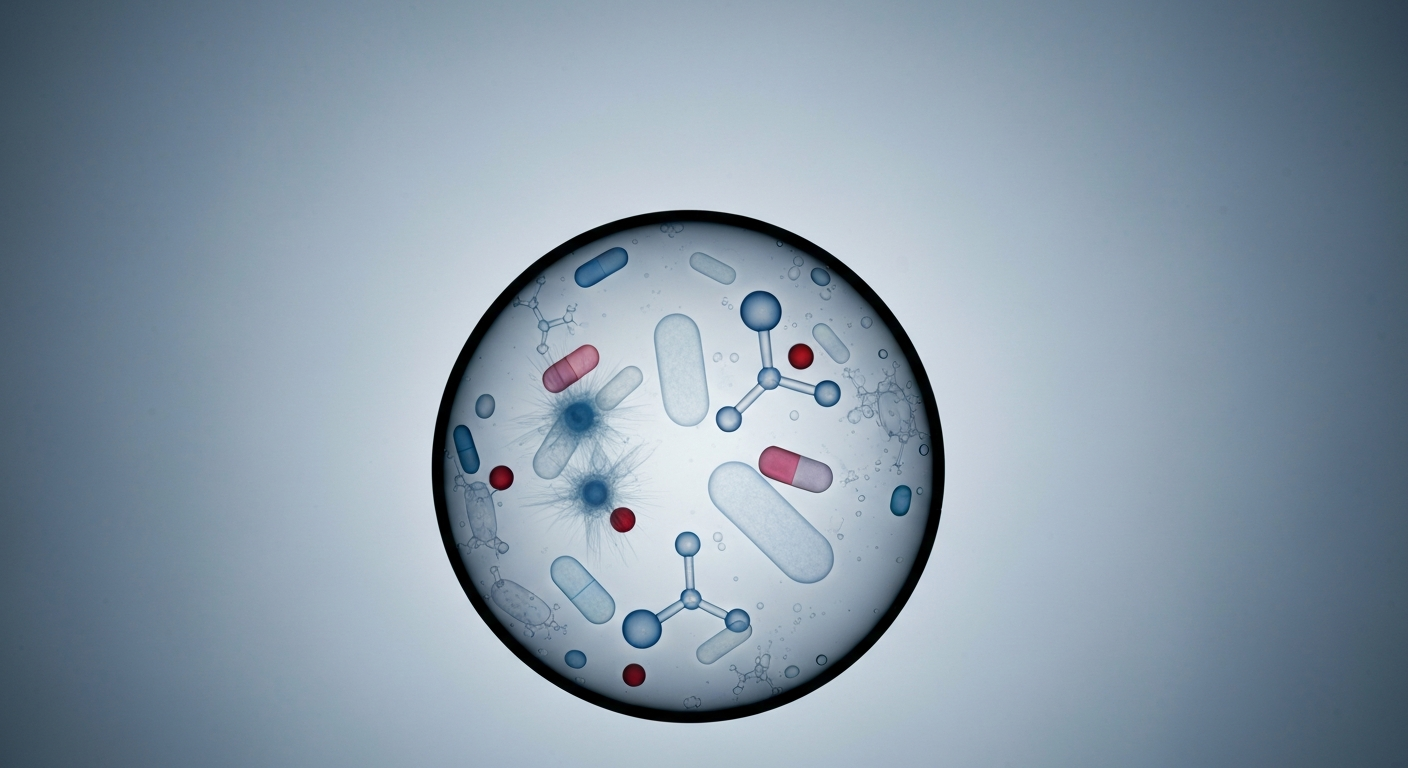 An abstract, ghostly X-ray image showing the internal molecular structure of a water droplet, with faint outlines of microplastic particles and pharmaceutical compounds suspended within, conceptually representing the emerging contaminants in public water supplies.