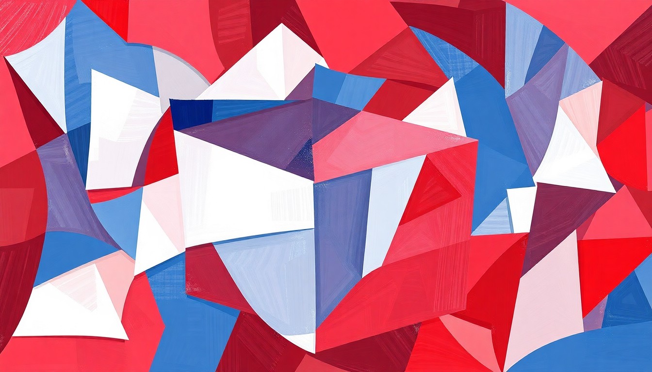 An abstract, fragmented painting in red, white, and blue hues depicting an indistinct ballot box shape, conveying the contentious and divisive nature of the mail-in voting debate.