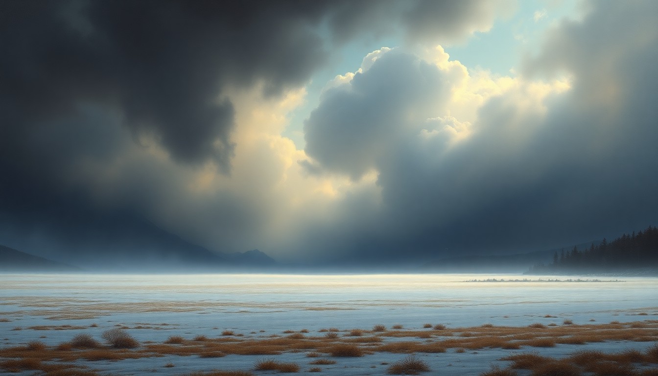 A sweeping, atmospheric landscape painting featuring a vast, frozen field under a dramatic, cloudy sky, with only a few faint traces of snowfall drifting across the scene, conveying the mood of a fading winter storm.