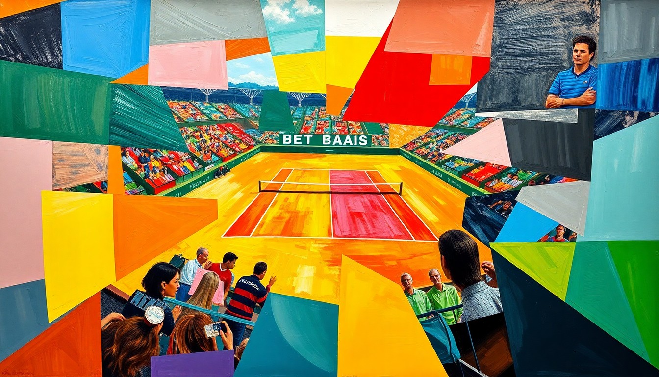A cubist-style painting featuring overlapping geometric shapes and planes of bright colors, representing the dynamic action and competing perspectives of a tennis match.