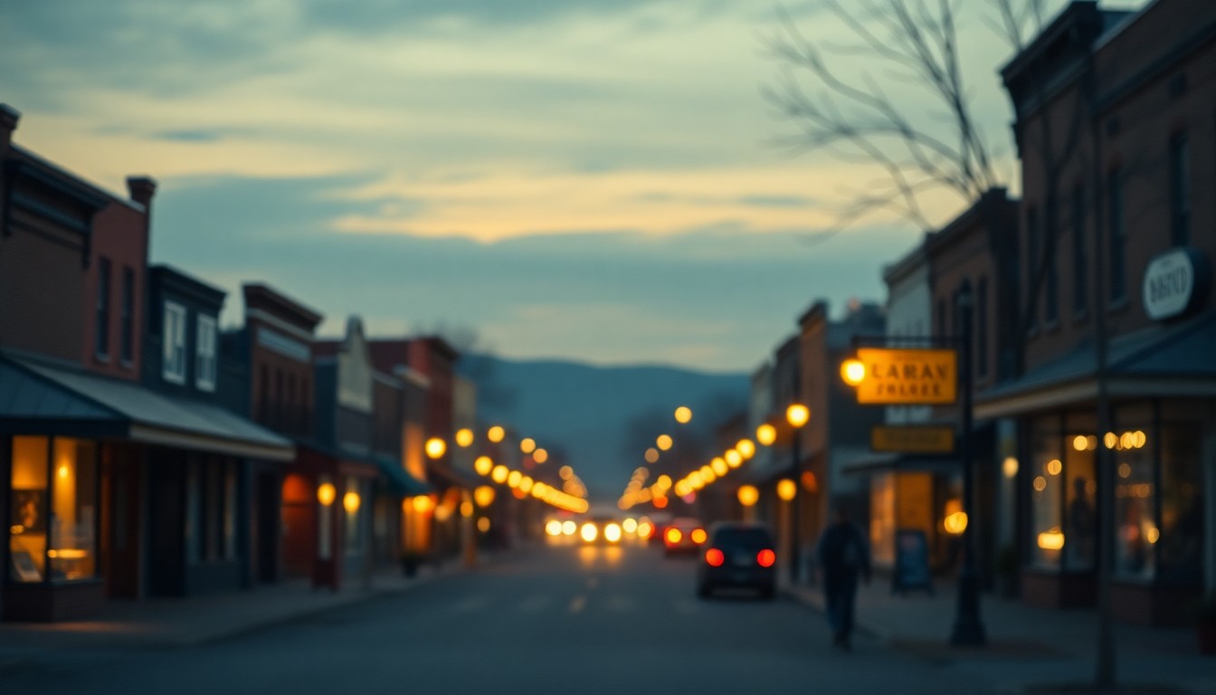 An extremely abstracted, out-of-focus photograph of a small-town main street at dusk, with warm pools of light from storefront windows and streetlamps creating a nostalgic, melancholy mood to conceptually represent the loss of a community pillar.