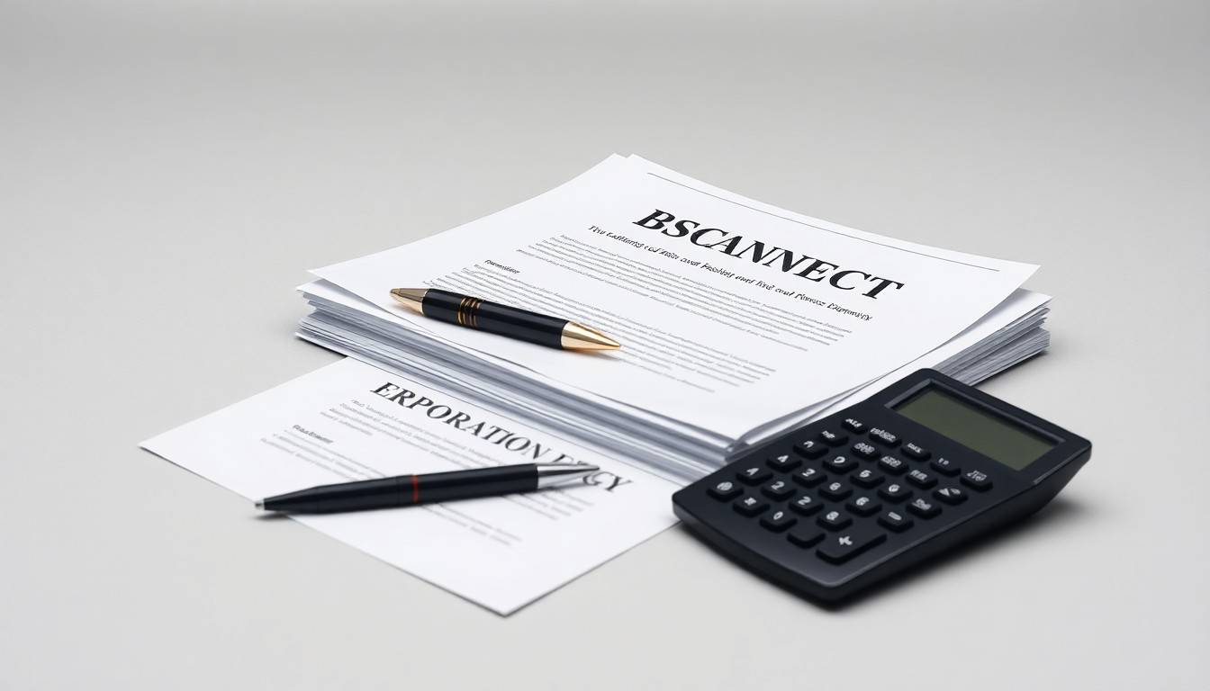 A photorealistic studio still life featuring a stack of legal documents, a pen, and a calculator on a clean, monochromatic background, symbolizing the corporate legal issues surrounding the New Era Energy lawsuit.