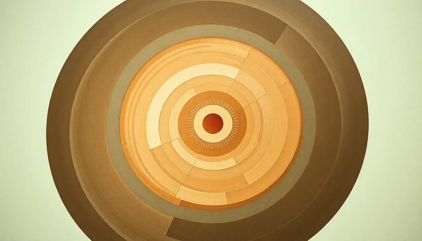 A bold, abstract painting in soft earth tones featuring sweeping geometric arcs, concentric circles, and precise spirals, conceptually representing the structural tensions between environmental and economic forces in state climate policies.