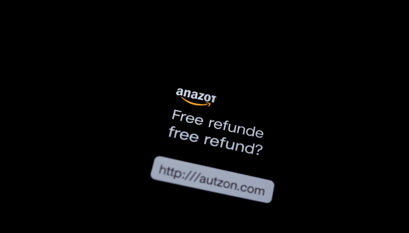 An extreme close-up photograph of a smartphone screen displaying a text message with an Amazon logo, the text 'Free Refund?' and a suspicious link, all lit by a harsh, direct camera flash against a pitch-black background, conceptually illustrating the stark, gritty nature of a phishing scam.