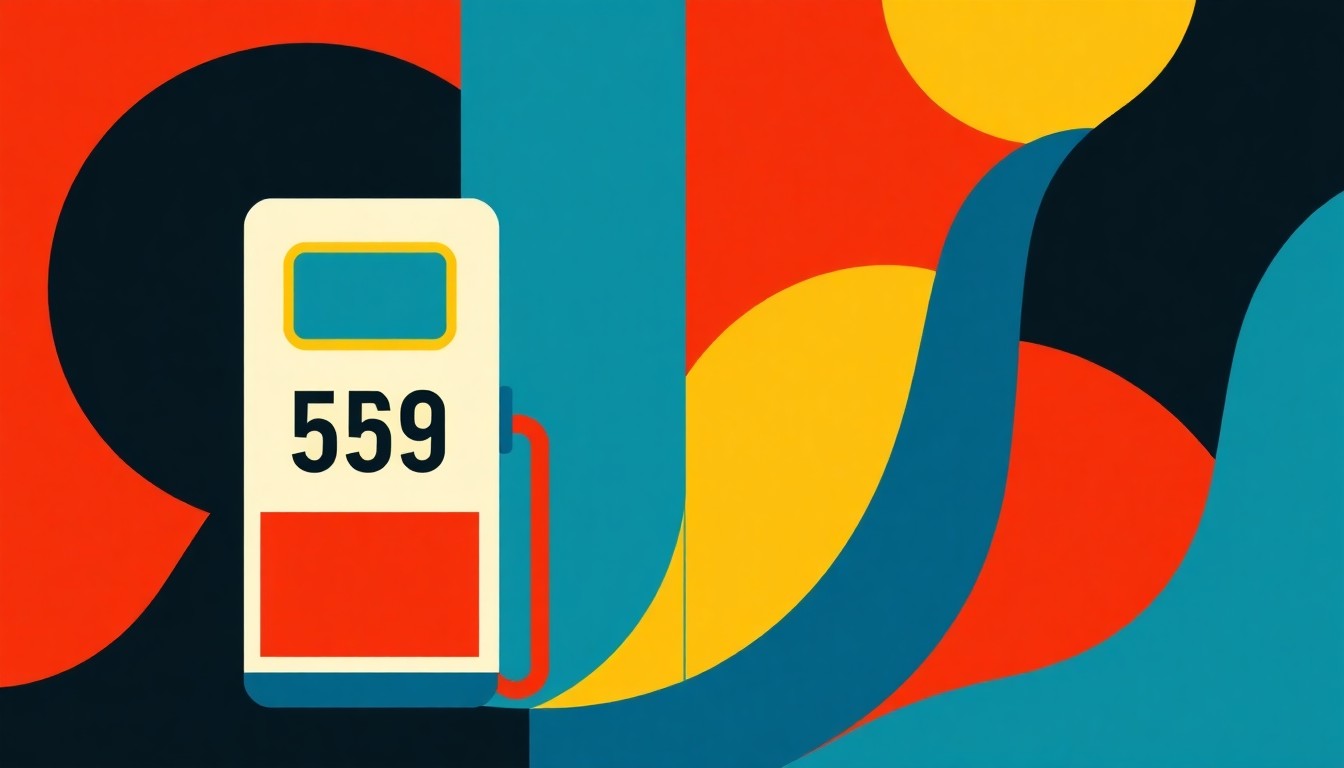 A vibrant abstract illustration using bold geometric shapes and primary colors to conceptually represent the rising cost of gas, without any literal depictions of money, gas pumps, or other specific economic symbols.