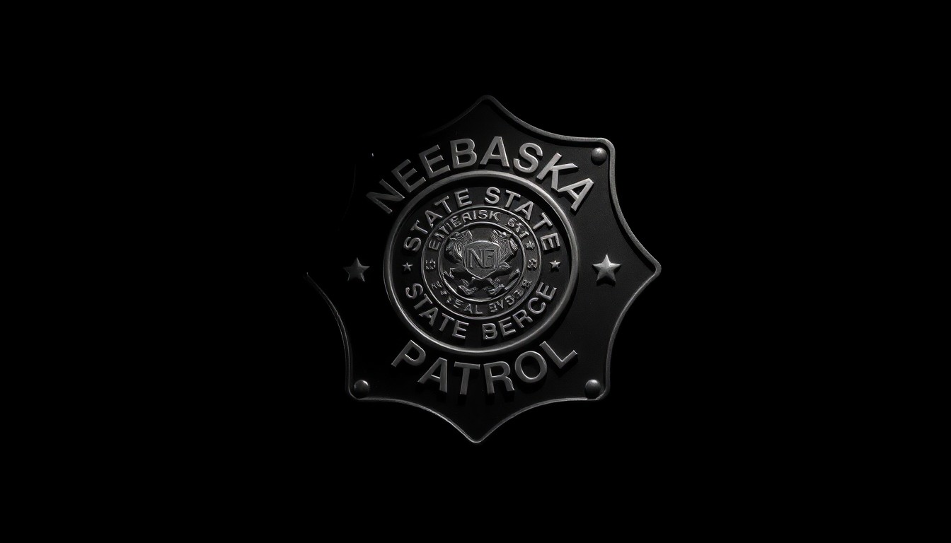 An extreme close-up photograph of a Nebraska State Patrol badge, the metallic surface reflecting the harsh light of the camera flash against a pitch-black background, conveying a sense of authority and investigative focus.