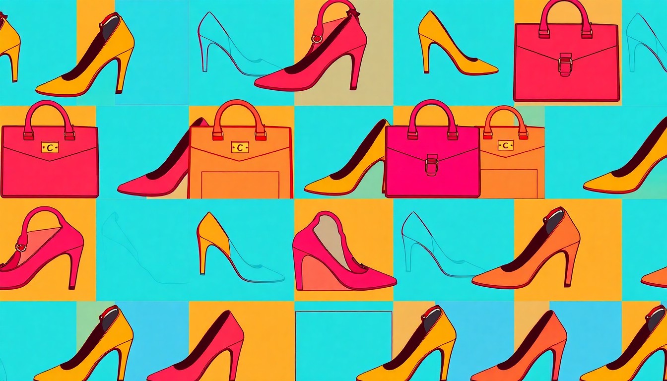 A brightly colored, high-contrast silkscreen print of a designer shoe repeated in a tight grid pattern, representing the diverse range of luxury fashion and beauty icons featured in The Luxe List 2026.