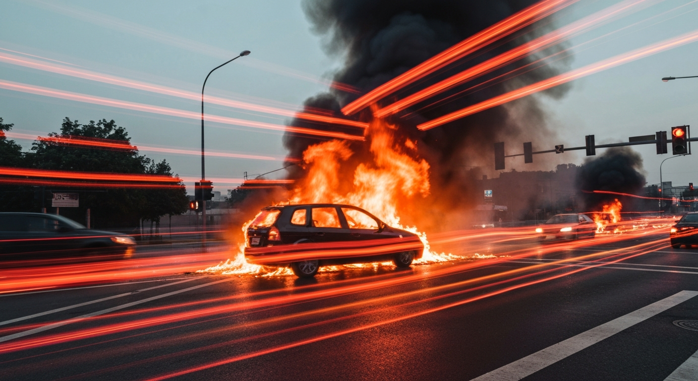 An abstract, sweeping image of a burning vehicle at an intersection, with vibrant streaks of orange, red, and black conveying the motion and urgency of the scene.