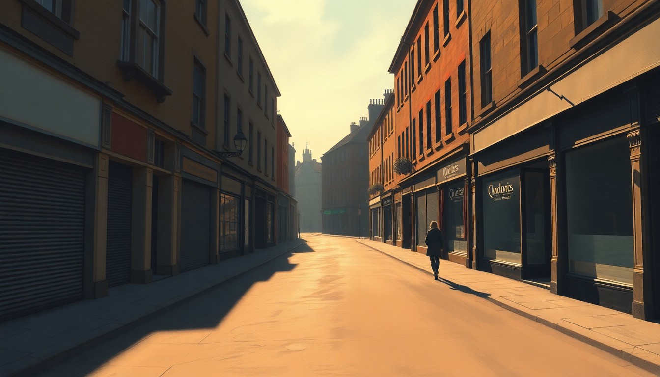 A serene, photorealistic painting depicting an empty high street in a small Scottish town, with closed storefronts and a few solitary pedestrians, conveying a sense of economic decline and urban decay.