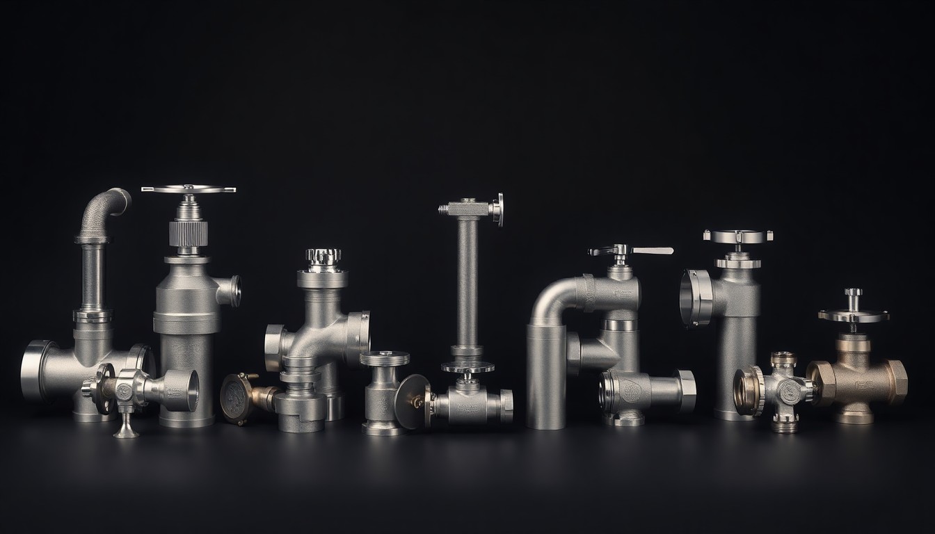 A high-end, photorealistic studio still-life photograph featuring a collection of polished metal pipes, valves, and fittings arranged elegantly on a clean, matte black background, conceptually representing the complex industrial infrastructure that can fail and lead to environmental disasters.