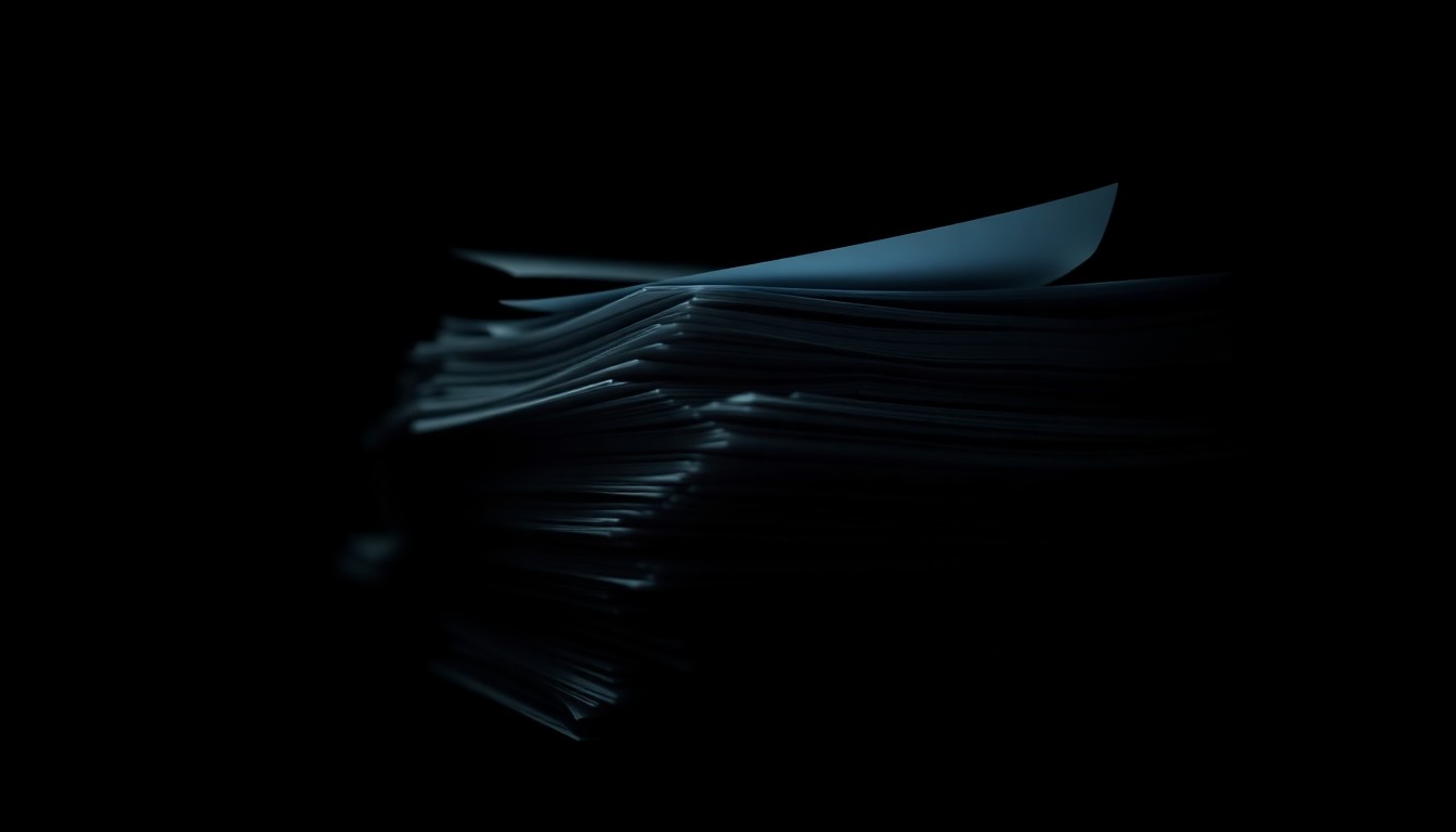 An extreme close-up of a stack of medical documents and files, lit by a harsh flash against a dark background, conceptually illustrating an investigation into healthcare fraud.