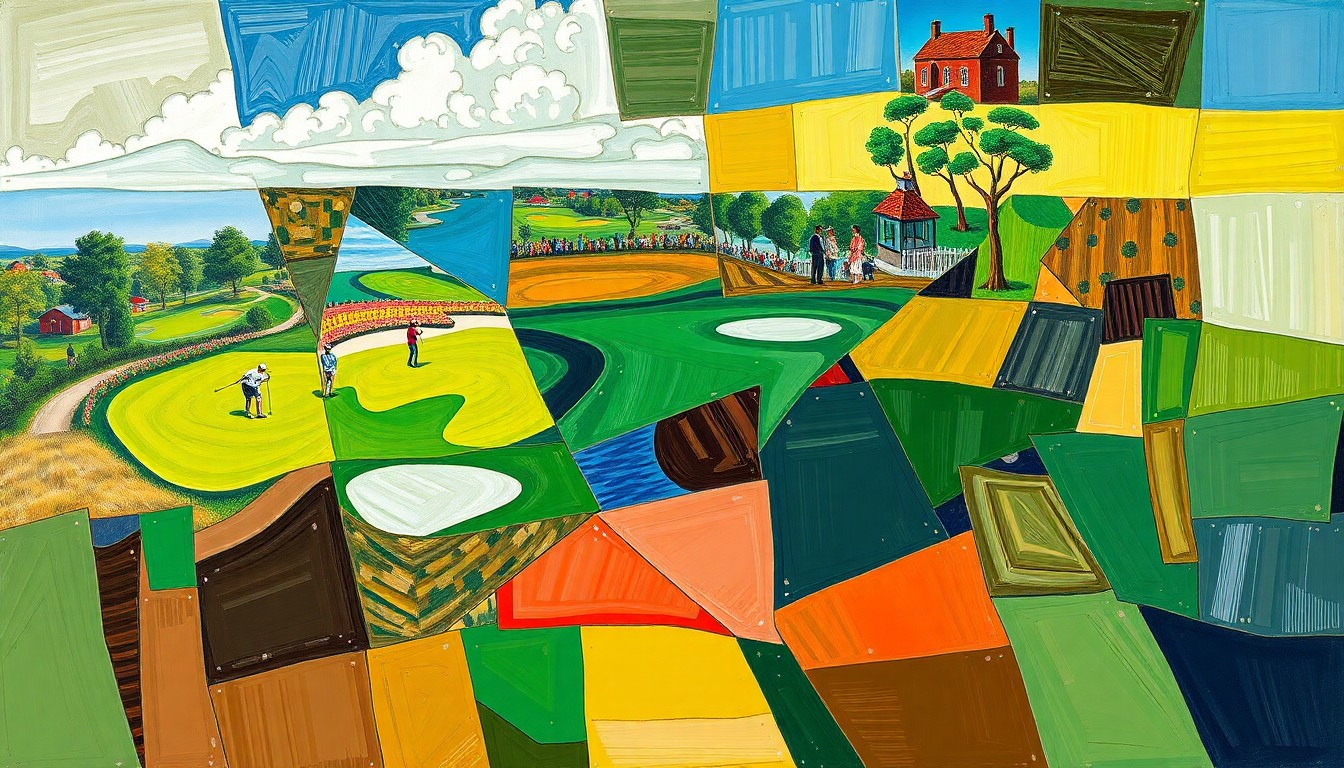 A fragmented, geometric painting depicting the golf course, players, and tournament action in an abstract, cubist style, using vibrant shades of green, brown, and blue to capture the intensity of the competition.