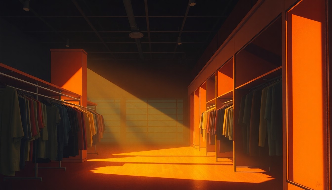 A softly lit, cinematic painting of a clothing rack in a department store, with warm sunlight streaming through the windows and deep shadows enveloping the space, creating a contemplative, nostalgic mood.
