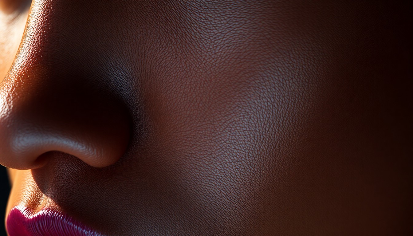 An extreme macro photograph of Meagan Good's skin, captured in high-contrast studio lighting to highlight the intricate, glowing texture of her complexion, conceptually representing the complexity behind public perceptions of skin tone.