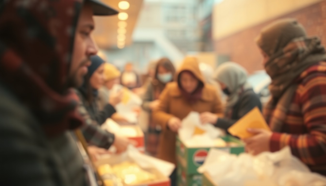 An extremely abstract, out-of-focus scene of volunteers handing out bags of food to a crowd of people, with the faces and details obscured in a warm, colorful haze, capturing the caring and community-driven nature of the event.
