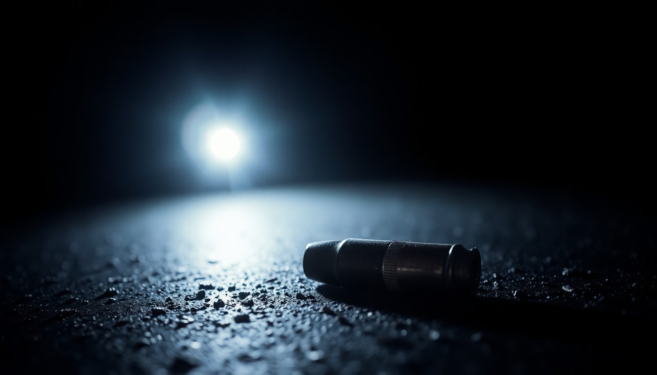 An extreme close-up photograph of a spent bullet casing on the ground, lit by a harsh, direct camera flash against a pitch-black background, conveying the gritty, investigative nature of this crime scene.