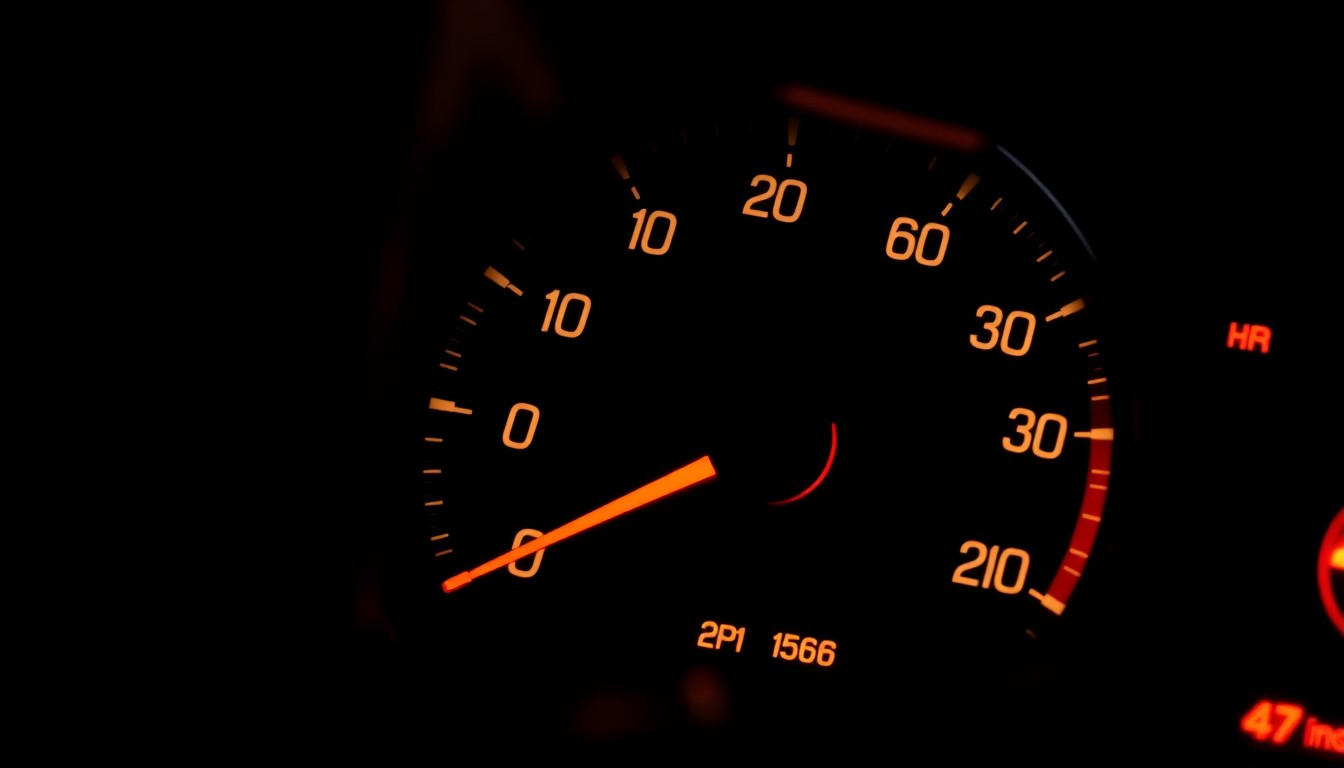 An extreme close-up photograph of a car speedometer needle pointing past the legal speed limit, captured in harsh, direct flash lighting against a pitch-black background, conceptually illustrating the enforcement of speed limits.