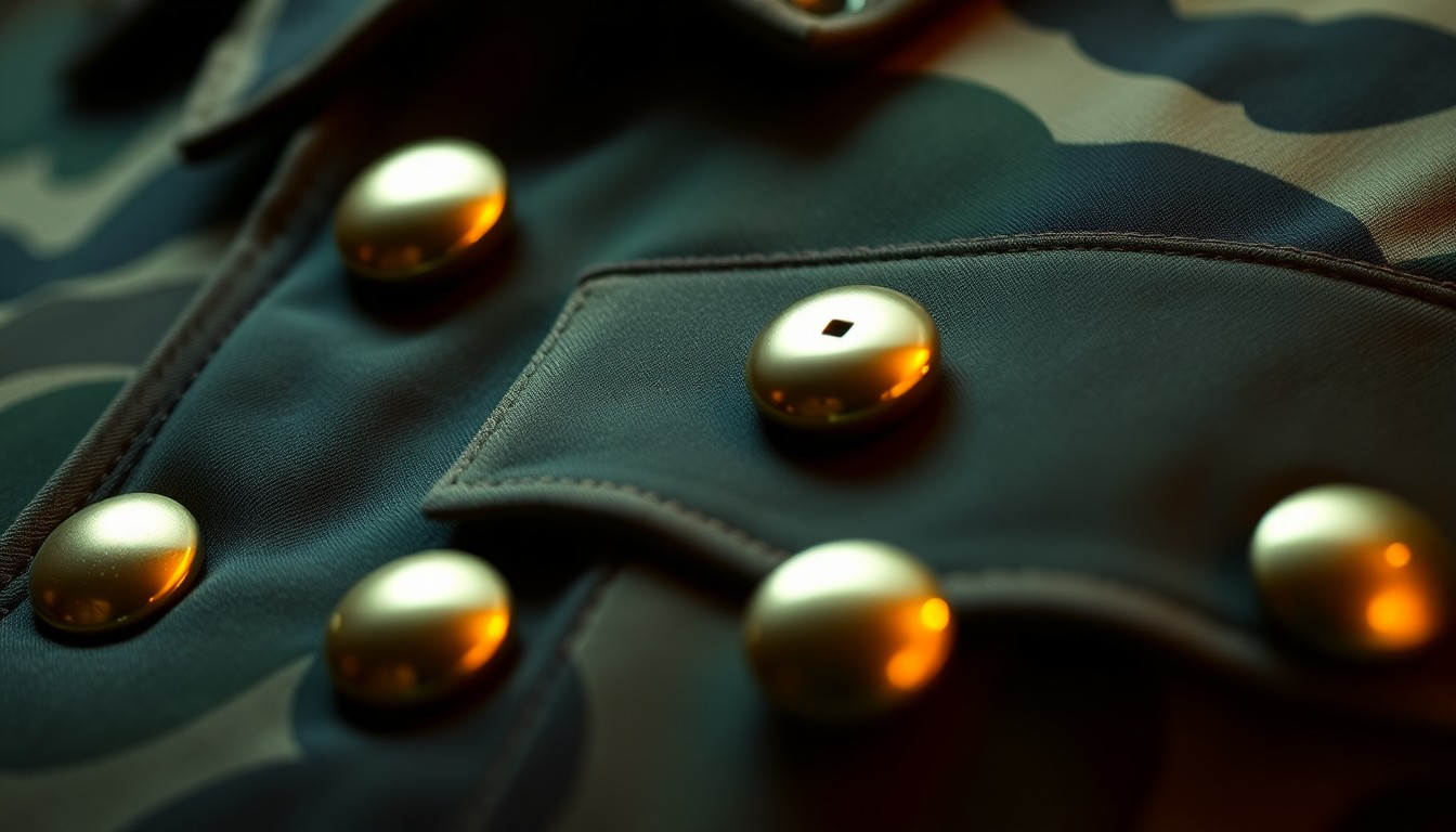 An extreme close-up photograph of a military-inspired uniform texture, such as a camouflage pattern or polished brass buttons, shot in dramatic high-contrast studio lighting to create a glamorous, high-fashion aesthetic.