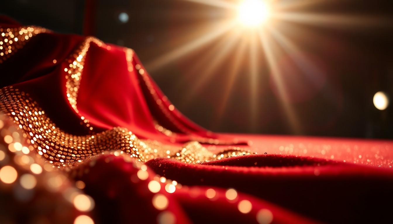 An abstract close-up photograph featuring a dramatic, high-contrast composition of shimmering sequins and plush velvet textures, capturing the luxurious, high-fashion aesthetic of a red carpet event.