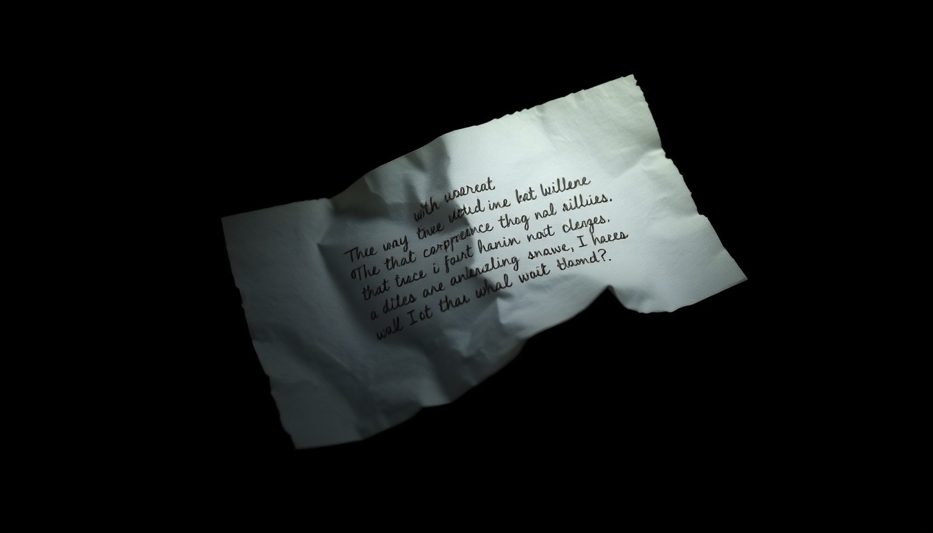 An extreme close-up photograph of a crumpled piece of paper with faint handwritten text, conceptually representing the long-hidden evidence in a cold case.