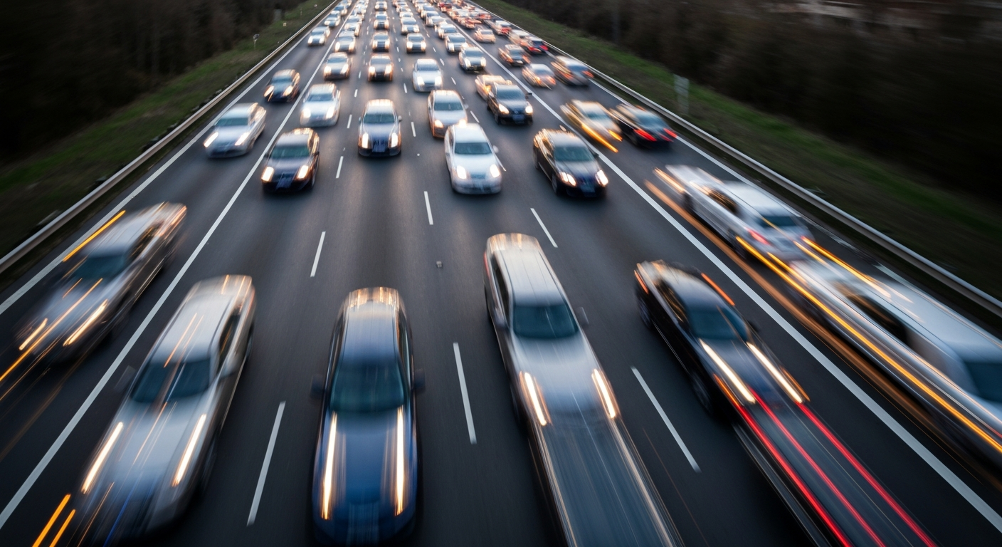 Heavily blurred, abstract streaks of color representing the motion of vehicles on a highway, conceptually illustrating the traffic disruption caused by a crash.