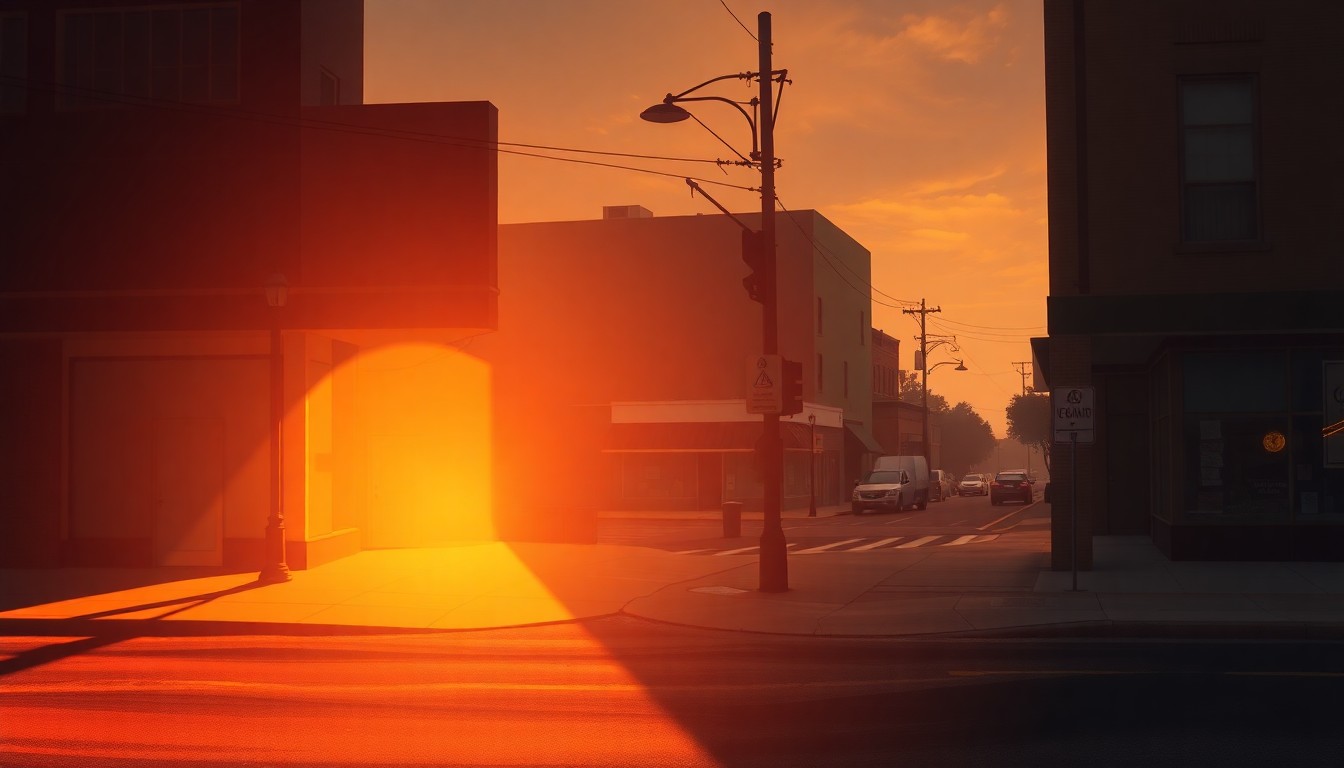 A serene, cinematic painting of an empty city street corner in Albany, Georgia, with warm sunlight and deep shadows creating a nostalgic, contemplative mood, conveying the community's mix of civic pride and concerns over local issues.