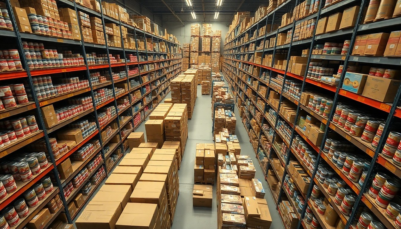 An extreme close-up aerial photograph of a crowded food bank warehouse, with rows of shelves stocked with canned goods, boxes, and other non-perishable items, conceptually illustrating the immense logistical challenge of feeding a large metropolitan area.