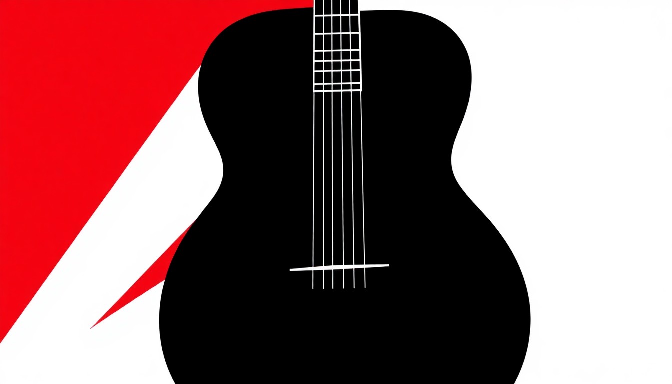 An abstract, minimalist illustration featuring a bold, jagged black silhouette of an acoustic guitar against a high-contrast red and white background, conveying the iconic shape of the sought-after Martin HD-35 model.